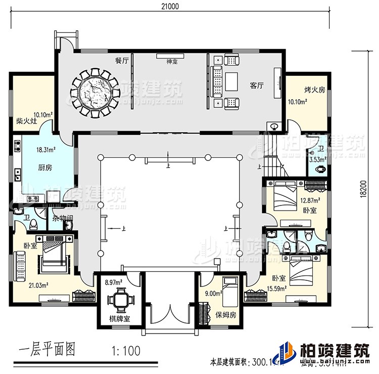 一层：客厅，餐厅，烤火房，厨房，4卫生间，3卧室，杂物间，棋牌室，保姆房